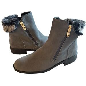 Cole Haan Gray Suede Ankle Booties Women’s Faux Fur Cuff Side Zip Winter Boots 9